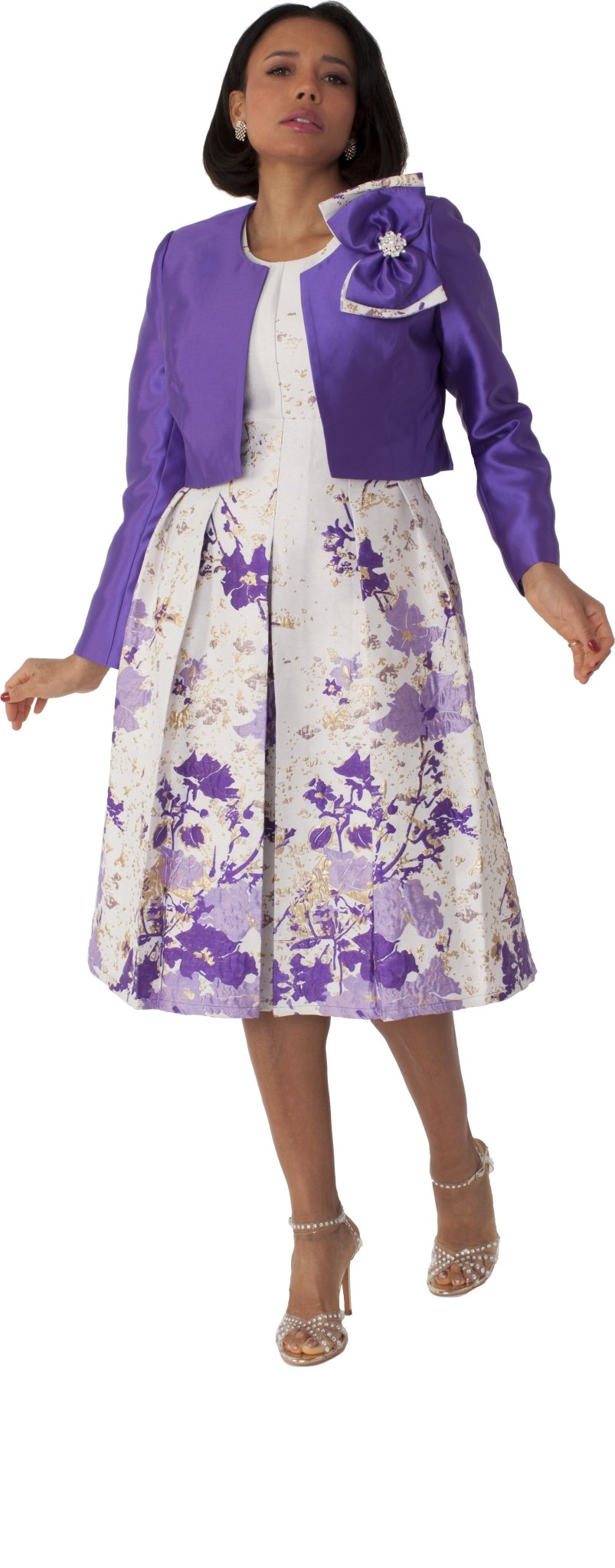 Plus Size Brocade Dress Set with Jacket & Brooch - 4830W - Especially Yours