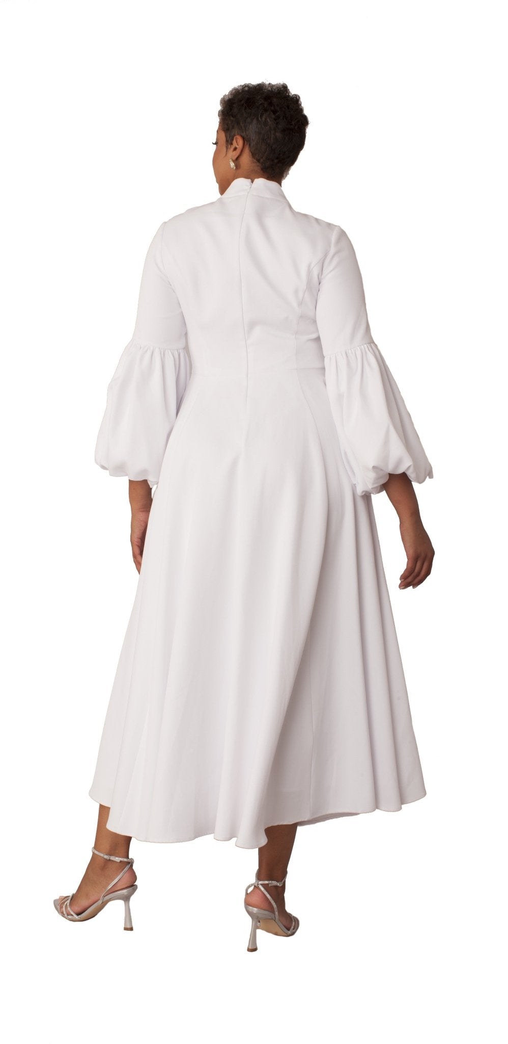 Modest Clergy Dress with Bell Sleeves and Tie Collar – 4846 - Especially Yours