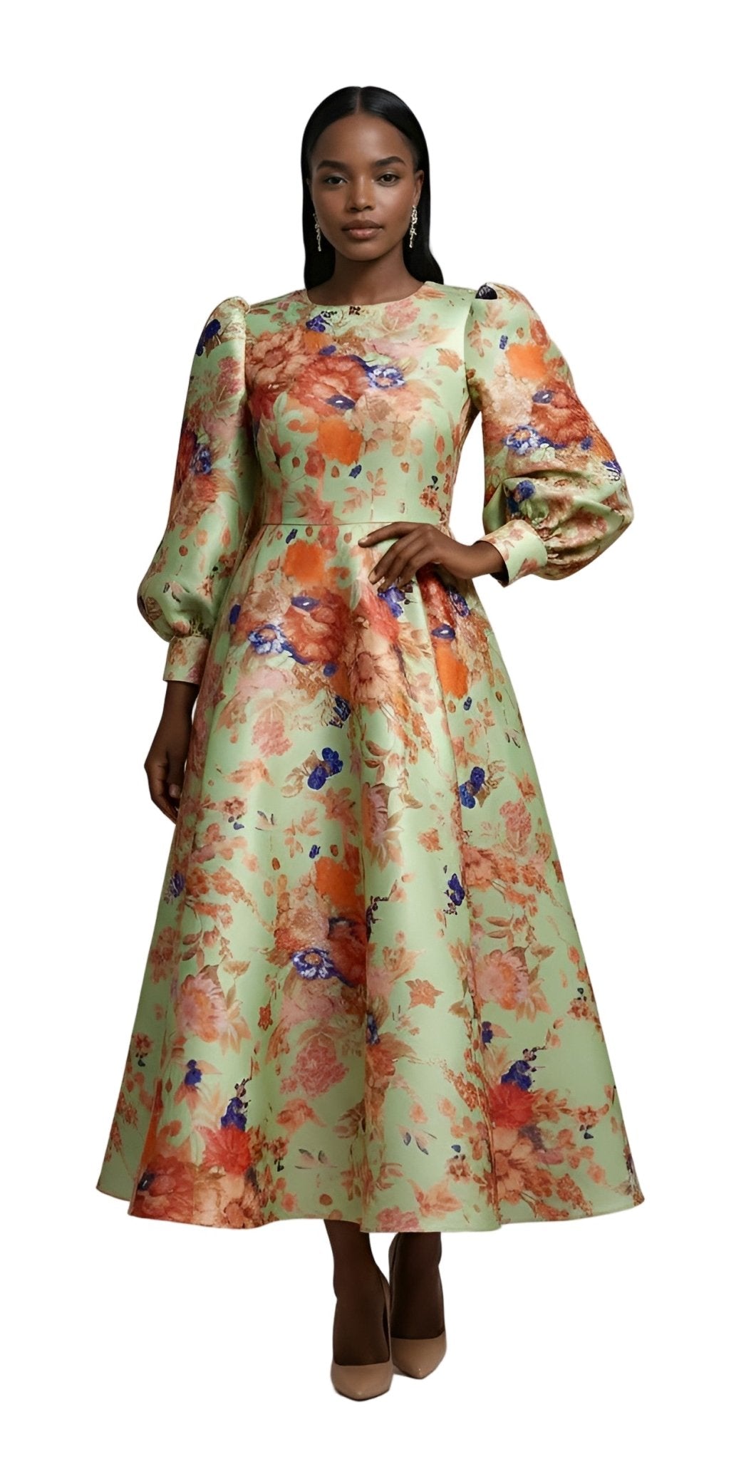 Floral Brocade Dress with Bishop Sleeves - 4848 - Especially Yours