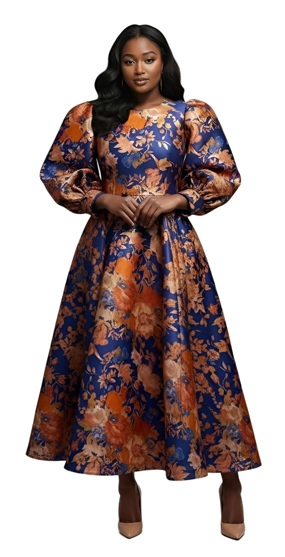 Floral Brocade Dress with Bishop Sleeves - 4848 - Especially Yours