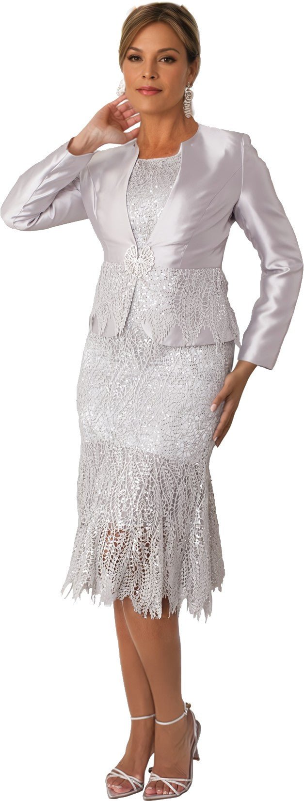 Elegant White Lace Two - Piece Dress Set with Tailored Jacket - 4857 - Especially Yours