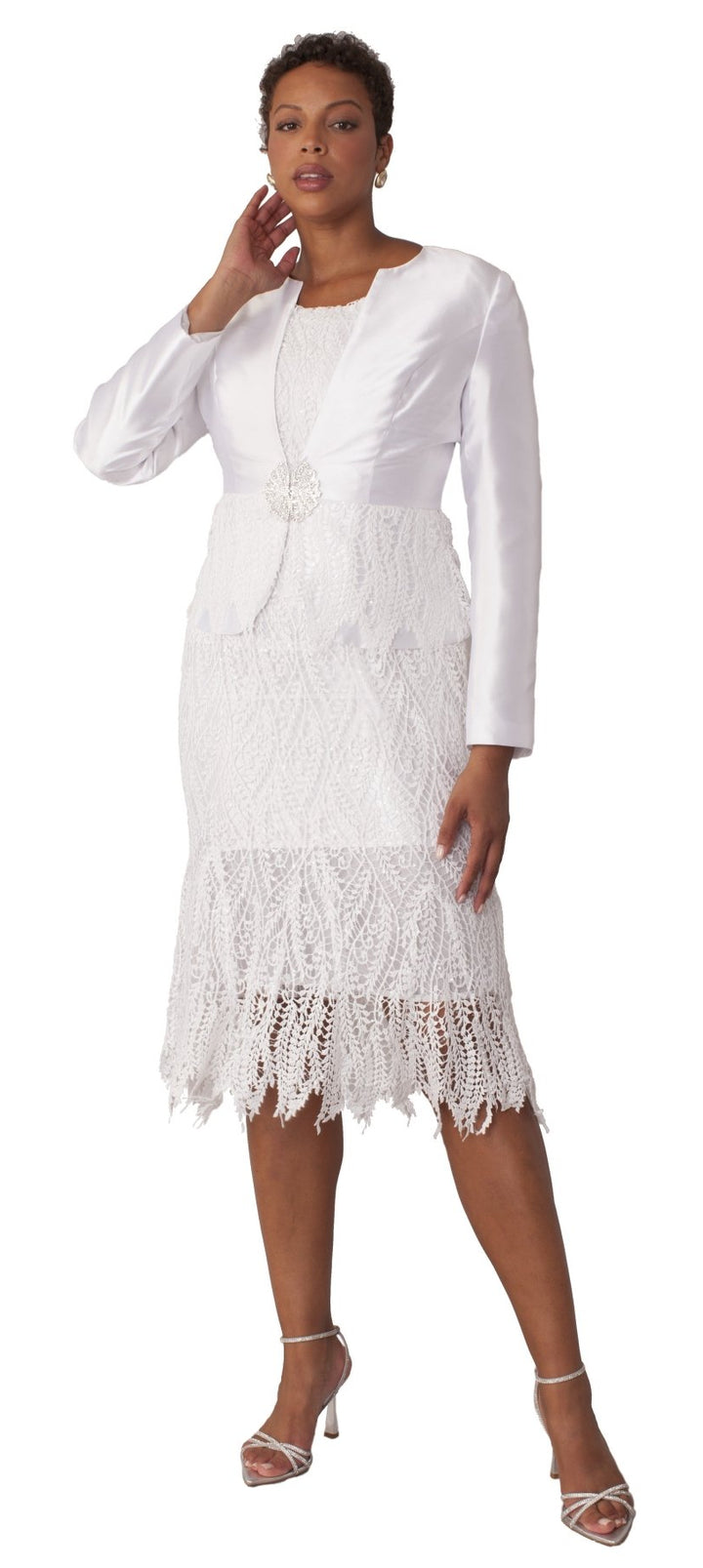 Elegant White Lace Two - Piece Dress Set with Tailored Jacket - 4857 - Especially Yours