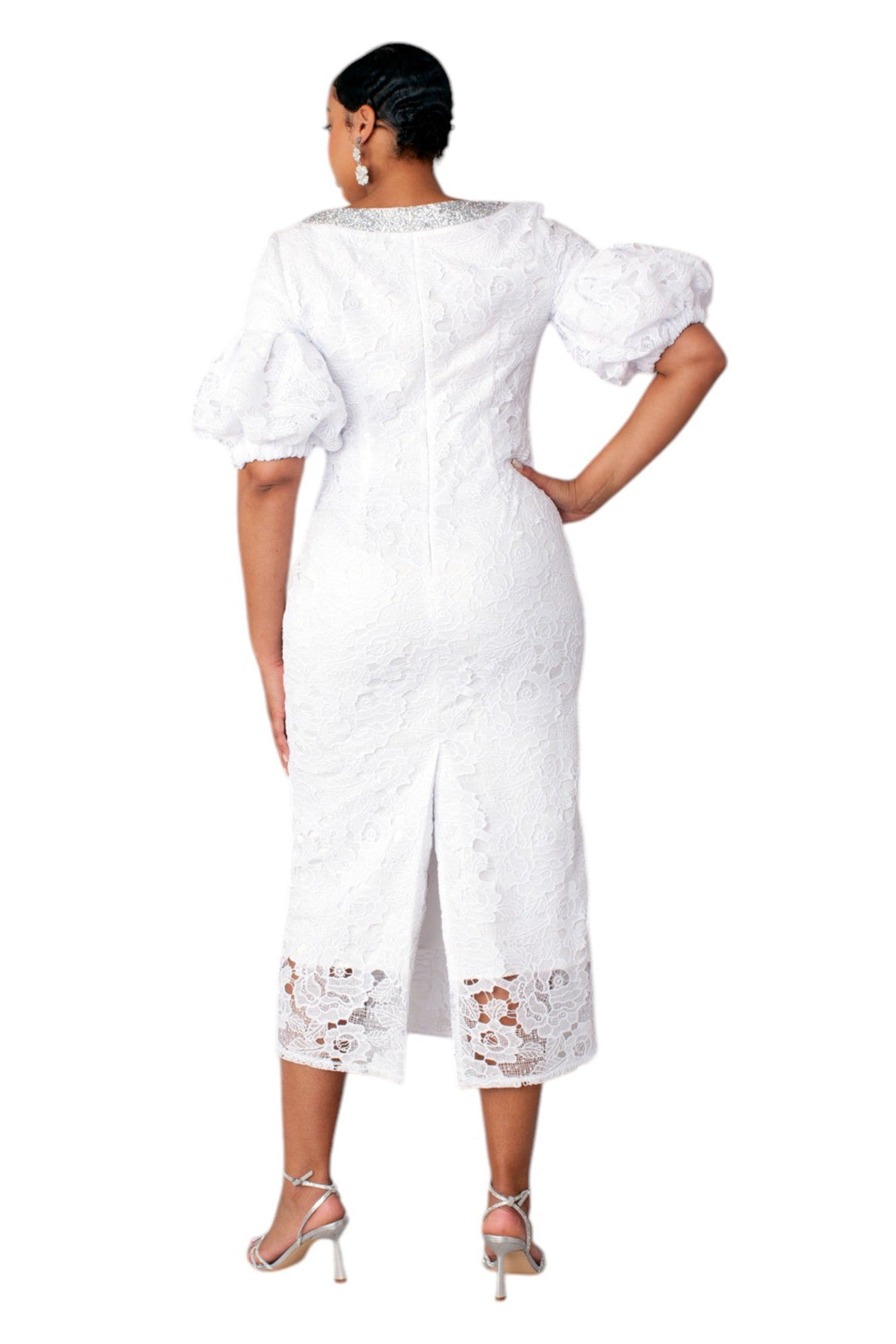 Lacy Dress with Puff Sleeves and Sparkling Neckline - 4888 - Especially Yours