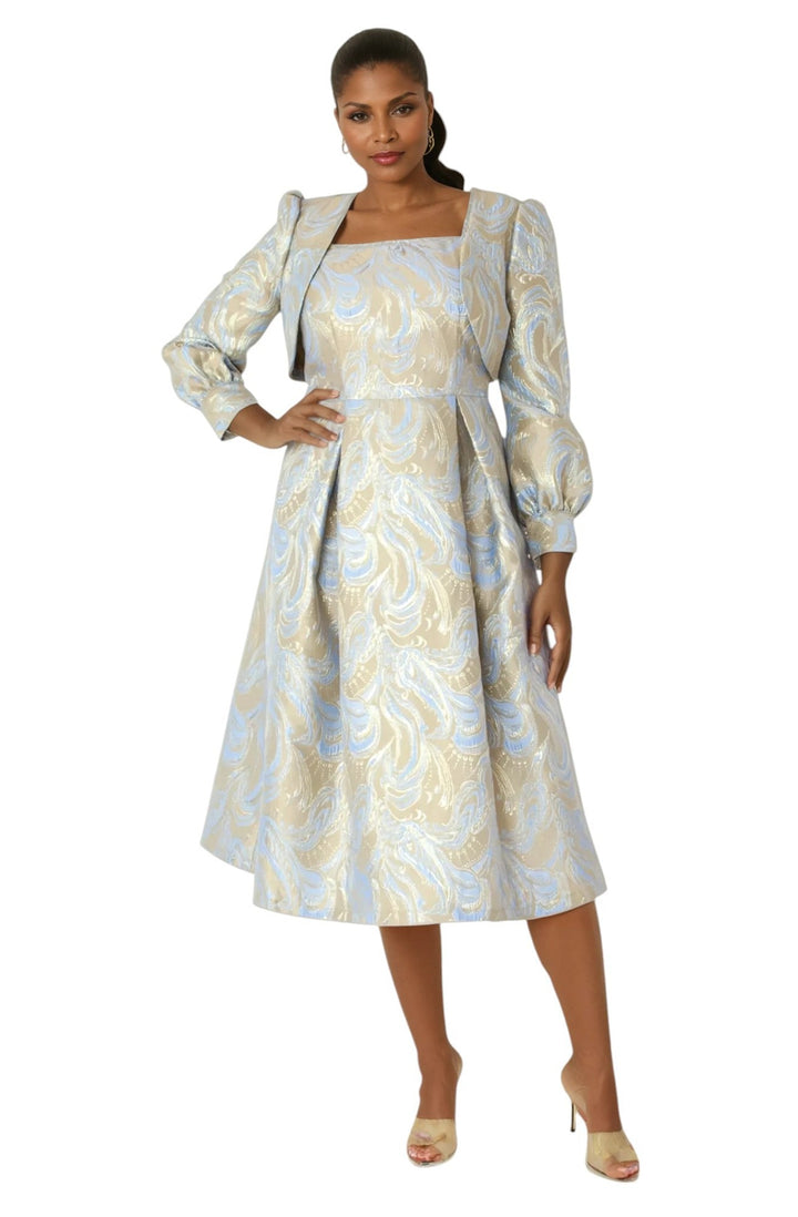 Two - Piece Metallic Swirl Brocade Dress with Balloon Sleeve Jacket - 4889 - Especially Yours