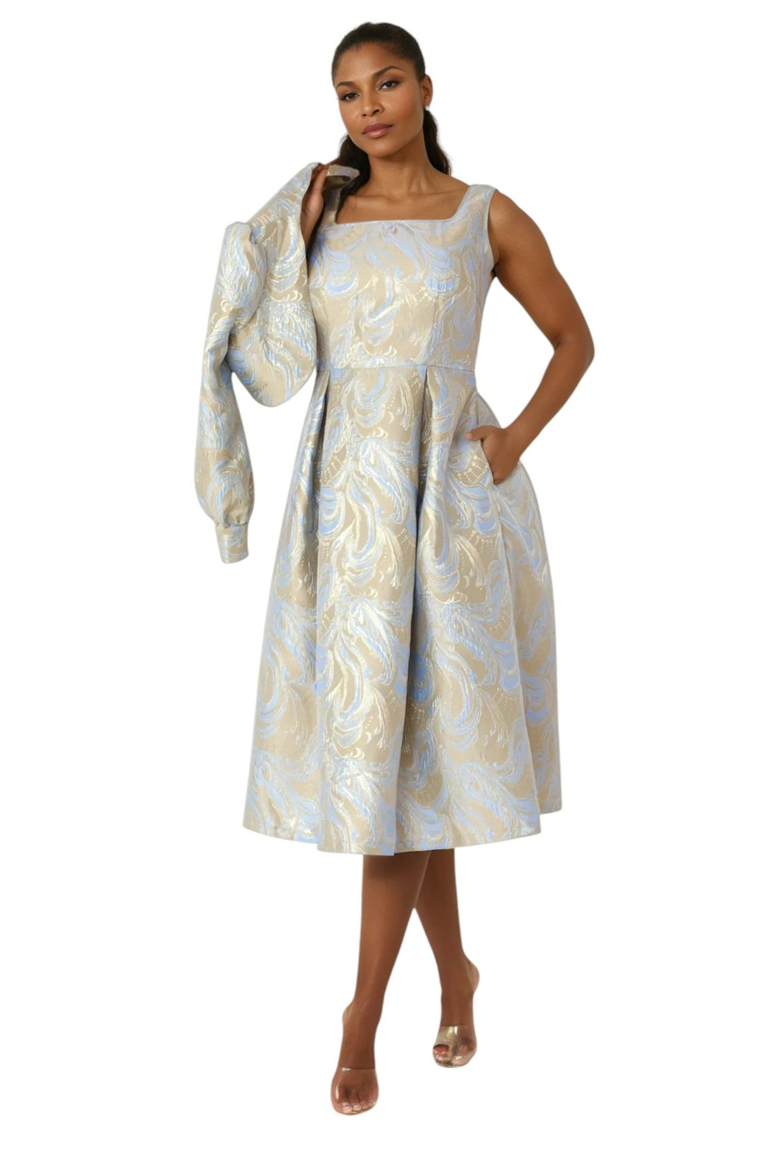 Two - Piece Metallic Swirl Brocade Dress with Balloon Sleeve Jacket - 4889 - Especially Yours