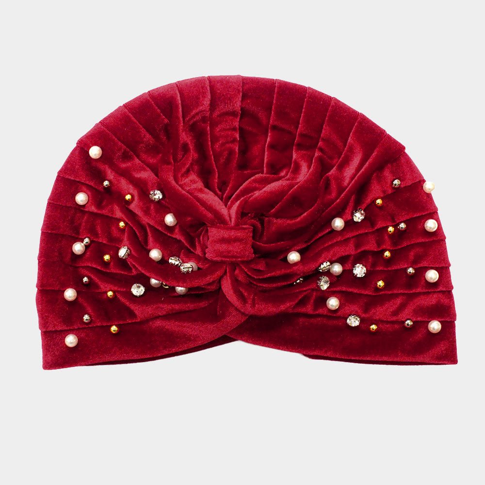 Stone Pearl Detailed Pleated Turban Beanie Hat - Especially Yours