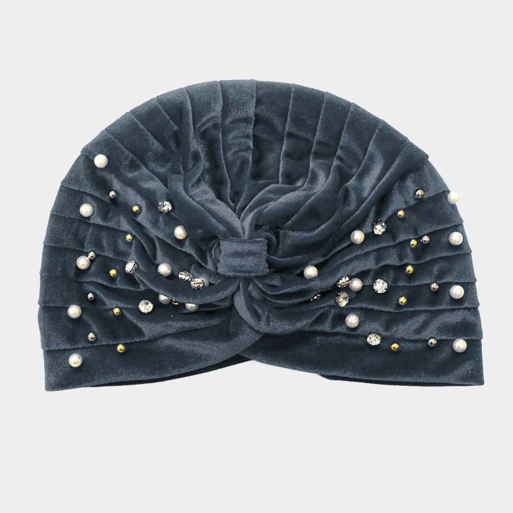 Stone Pearl Detailed Pleated Turban Beanie Hat - Especially Yours