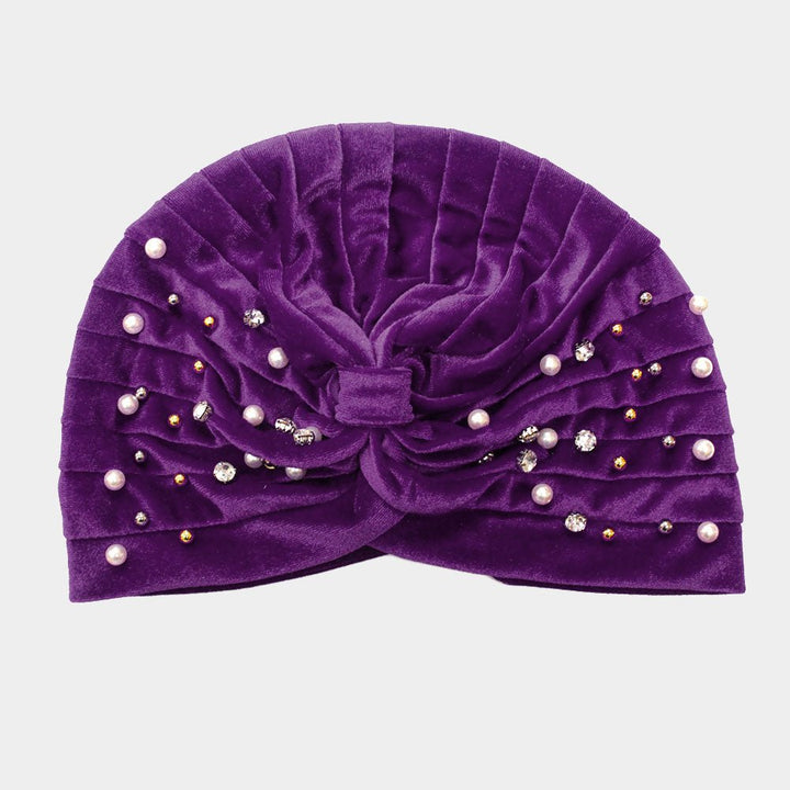 Stone Pearl Detailed Pleated Turban Beanie Hat - Especially Yours