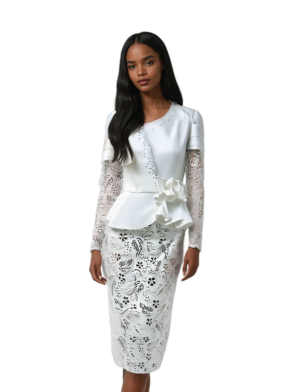 White Peplum Church Dress with Lace - 4885 - Especially Yours