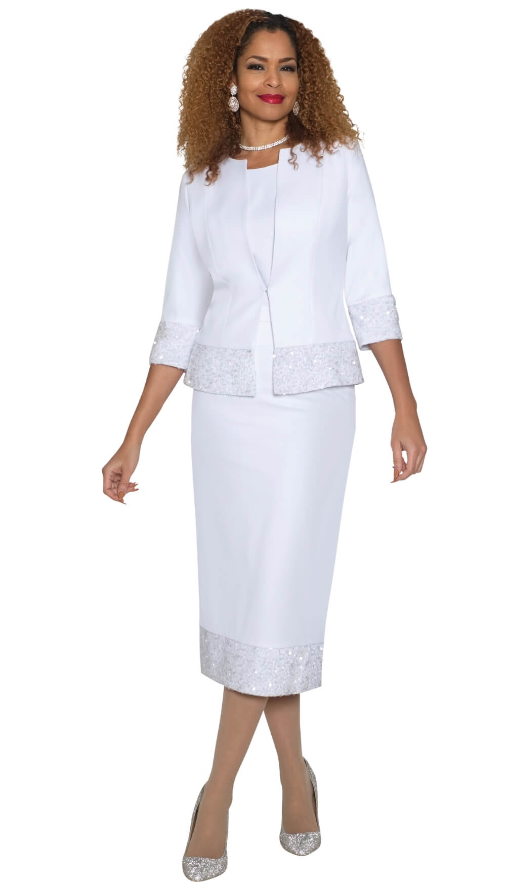 Elegant White Three - Piece Skirt Suit with Sequin Trim by Lily & Taylor - Especially Yours