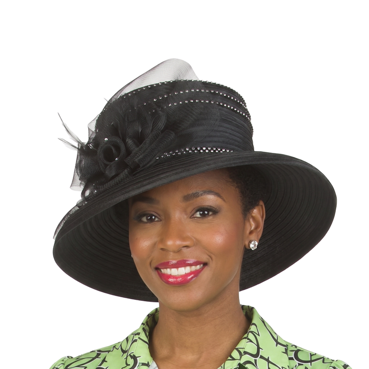 Medium Brim Satin Ribbon Hat w/ Mesh Flower
