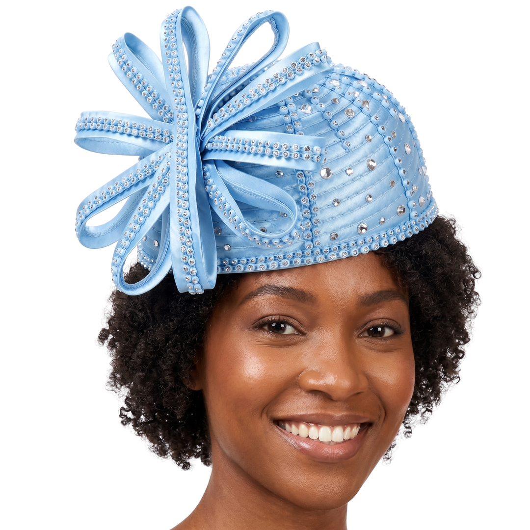 Round Pillbox Hat w/ Flwr Ribbon&Scattered Stones