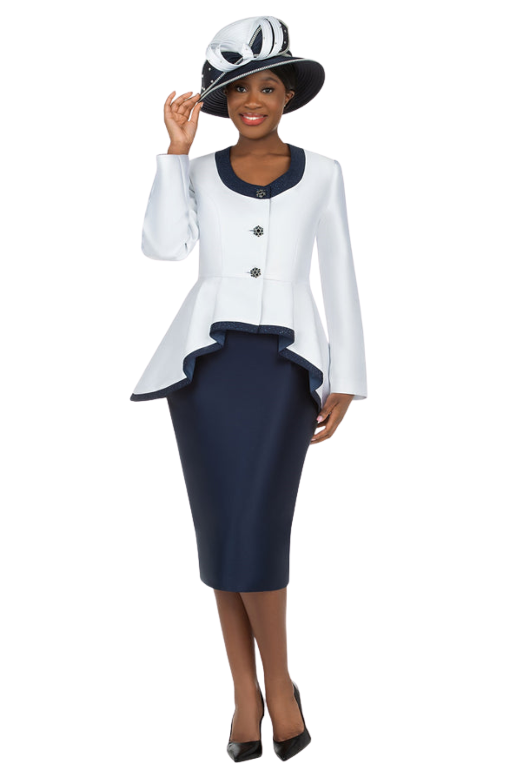 2pc Silky Twill Round Neck Uneven Peplum Suit-Plus