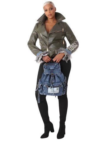 Leather Jacket with Denim Patchwork & Tulle Cuffs -81827 - Especially Yours