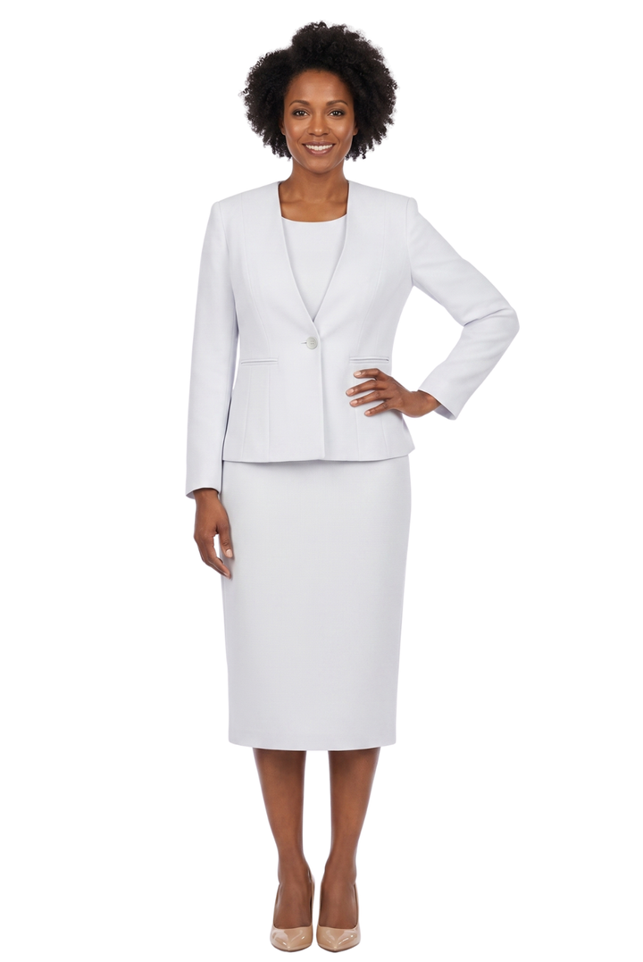 3pc Collarless Clean Lines Detailed Skirt Suit