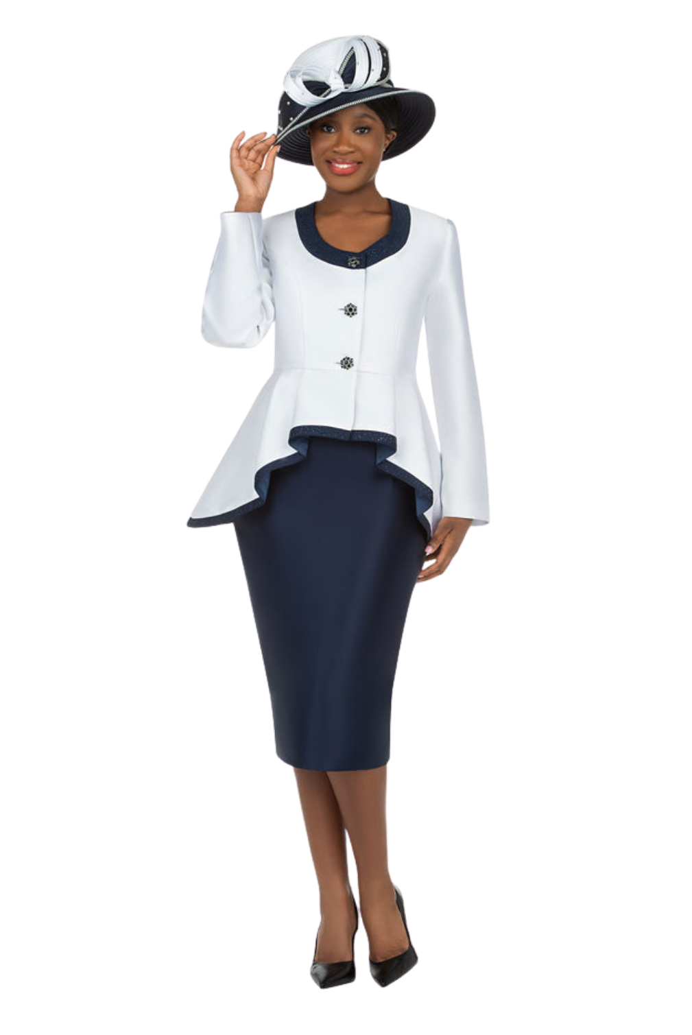 2pc Silky Twill Round Neck Uneven Peplum Suit