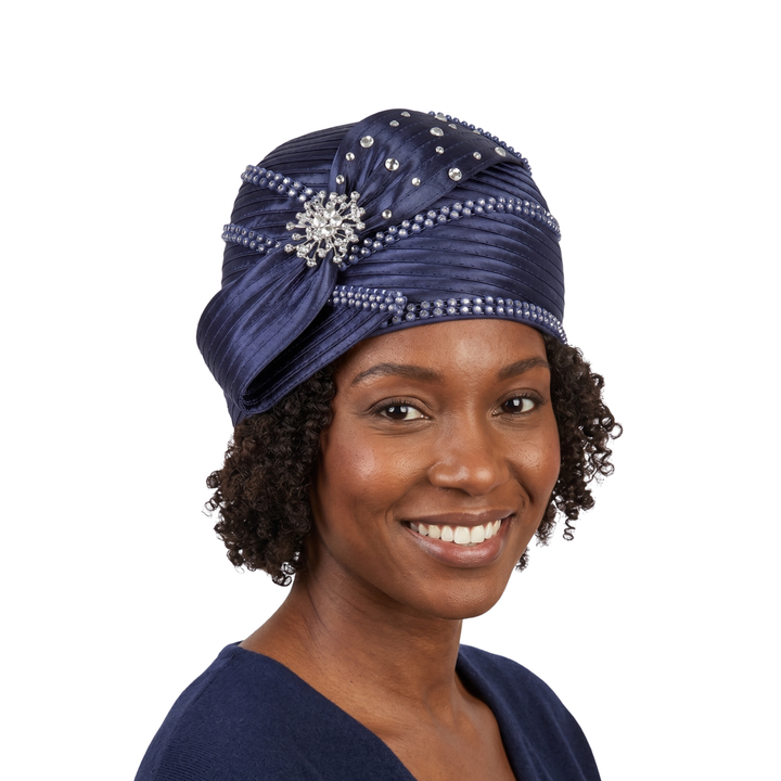 Round Ribbon Hat w/ Brooch and Rhinestoned Strip