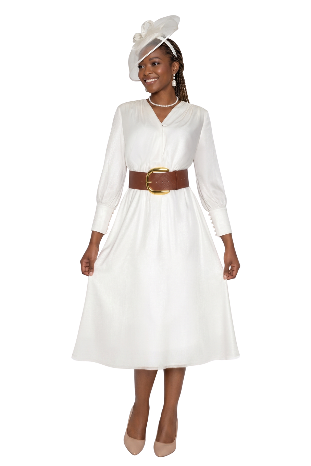 Ivory Belted Midi Dress by Lily and Taylor