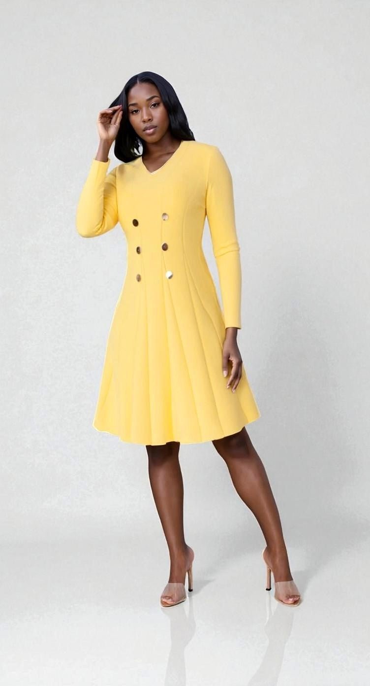 V - Neck Knit Dress with Gold Button Details - 51001 - Especially Yours