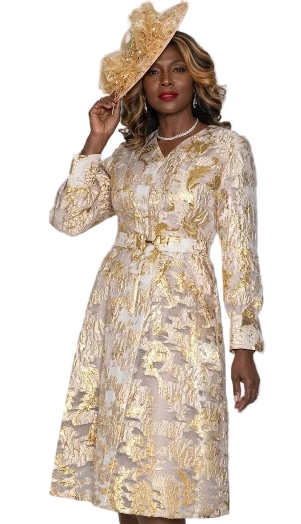 Royal Brocade Long - Sleeve Midi Dress with Matching Fascinator by Lily & Taylor - Especially Yours