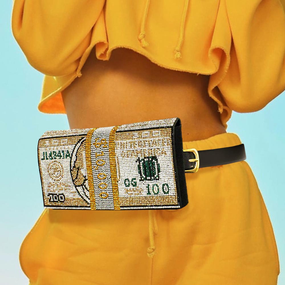 10K USD Money Rhinestone Fanny Pack Belt Clutch Bag