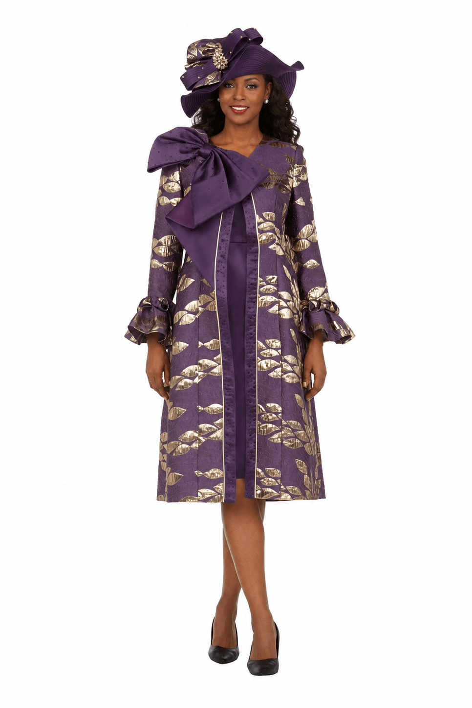 2pc Floral Brocade Coat+Satin-look Dress Set-Plus - Especially Yours