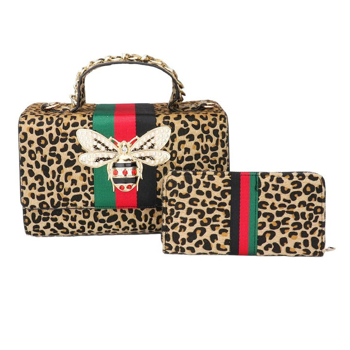 2PCS - Honey Bee Accented Color Block Leopard Patterned Tote Bag Wallet Set - Especially Yours