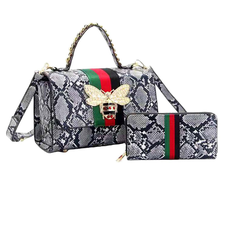 2PCS - Honey Bee Accented Snake Skin Patterned Faux Leather Tote Bag Wallet Set - Especially Yours