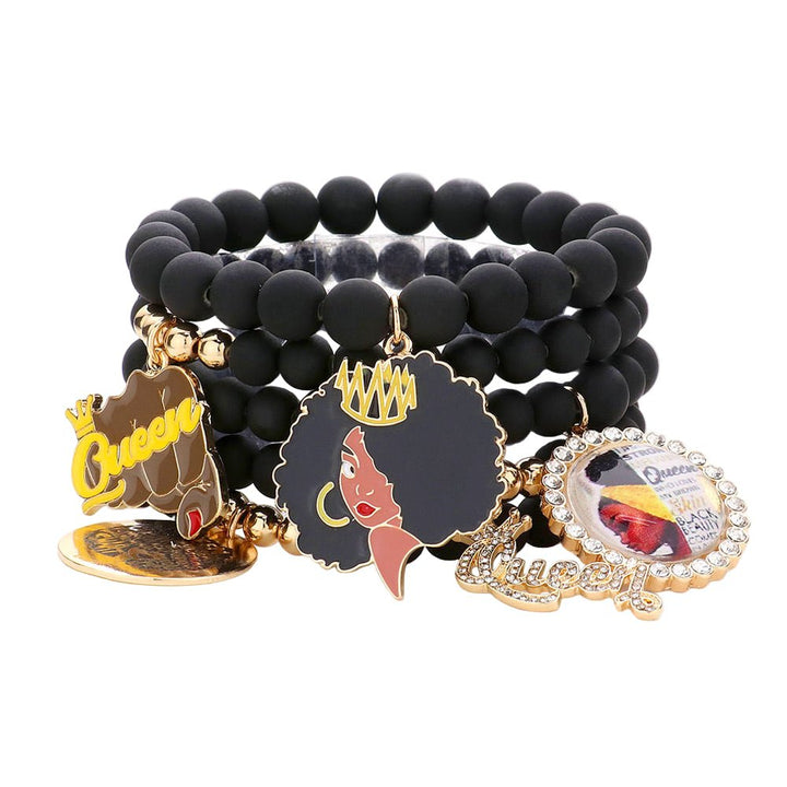 5PCS - Queen Message Afro Girl Charm Beaded Stretch Bracelets - Especially Yours
