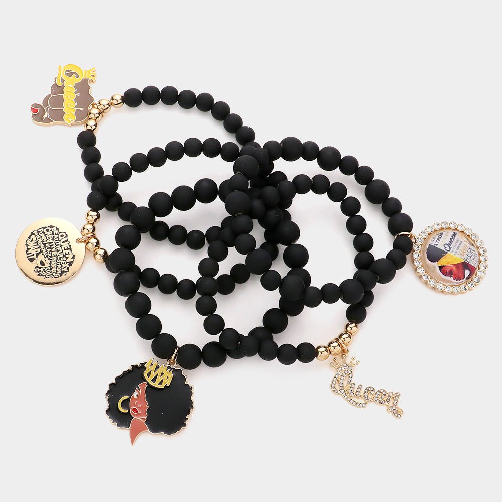 5PCS - Queen Message Afro Girl Charm Beaded Stretch Bracelets - Especially Yours
