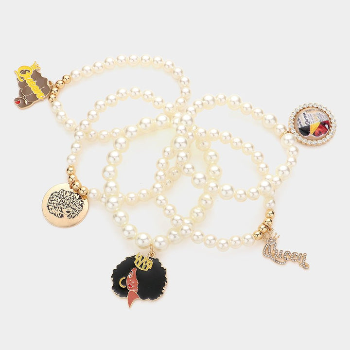 5PCS - Queen Message Afro Girl Charm Beaded Stretch Bracelets - Especially Yours