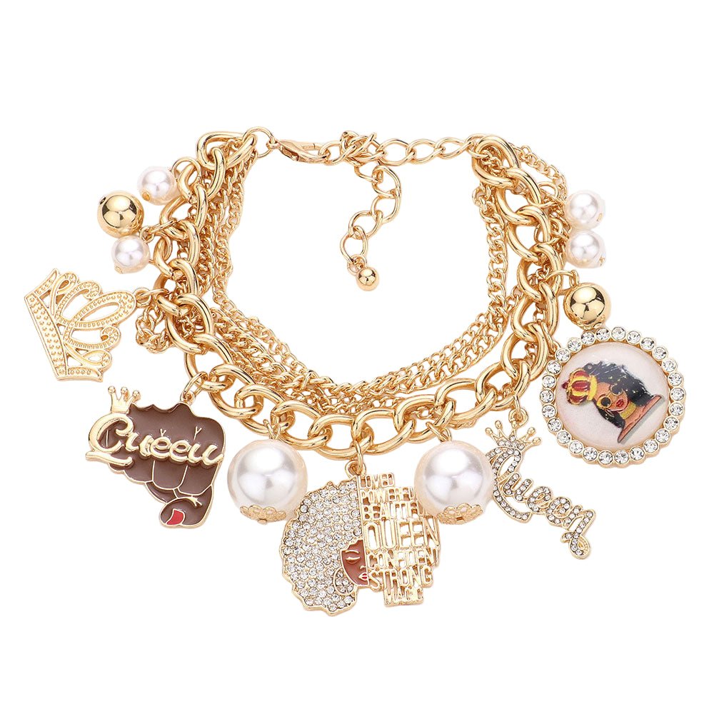 Pearl Crown Queen Message Afro Girl Charm Multi Layered Bracelet - Especially Yours