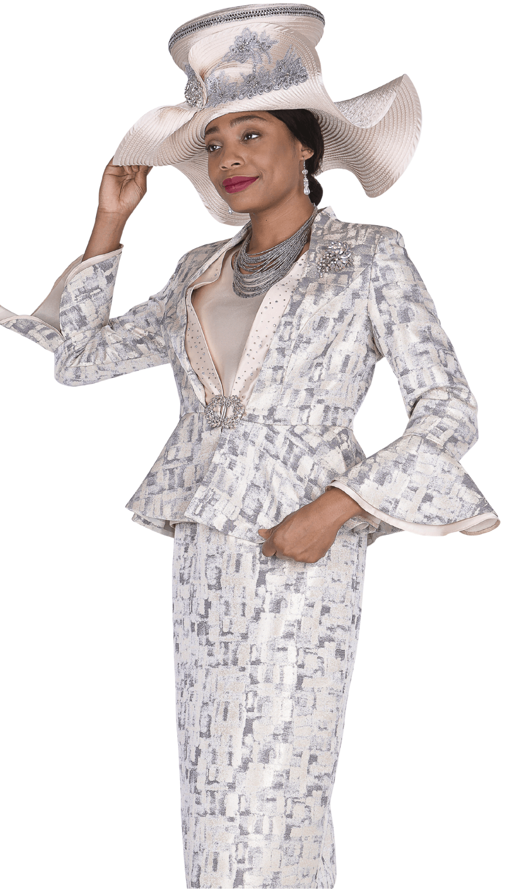 Chic Three - Piece Skirt Suit with Peplum Jacket and Dazzling Brooch - Especially Yours
