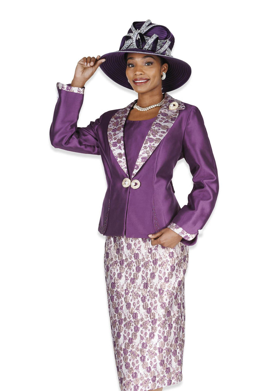Elegant Purple Floral Brocade Women's Church Skirt Suit with Peplum Jacket - Especially Yours