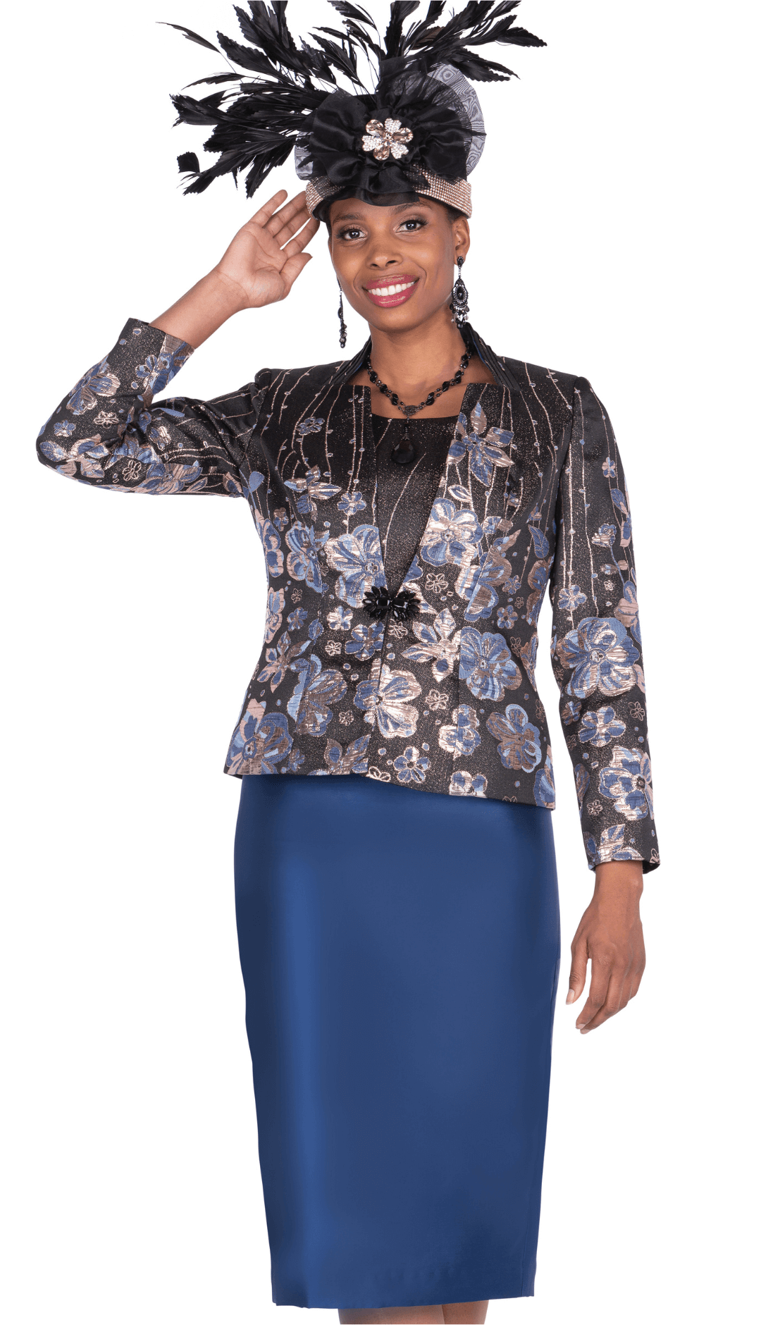 Elegant Navy Floral Brocade Skirt Suit - 3 - Piece Satin Twill Ensemble - Especially Yours