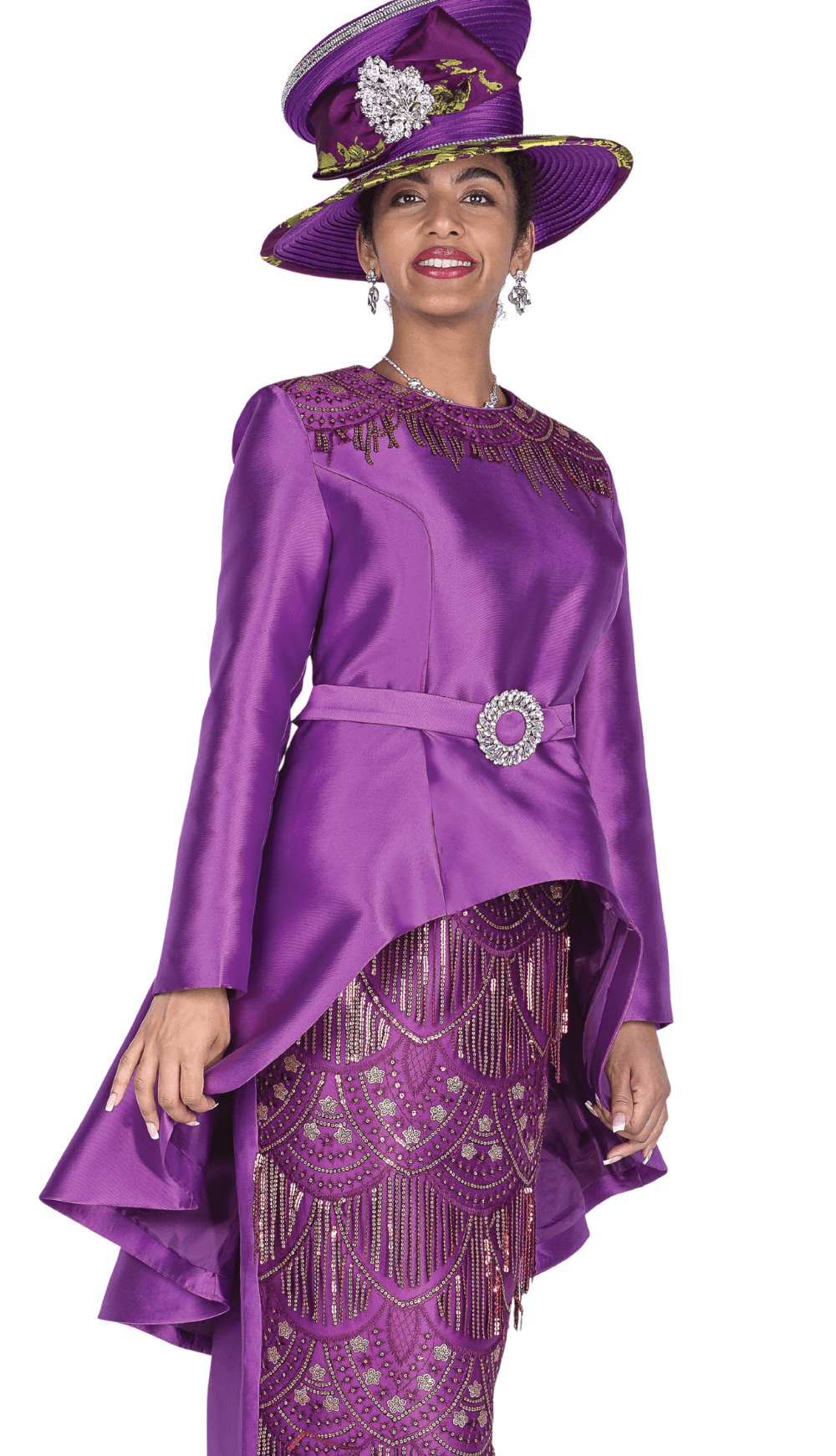 Elegant Purple Beaded Skirt Suit with High - Low Peplum & Fringe Accents - Especially Yours