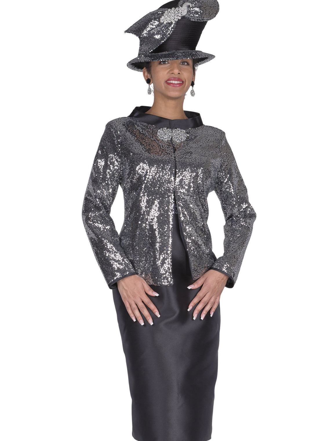 Champagne Italy 5919 Silver Black Satin Twill Shift Dress Sequin Jacket - Especially Yours