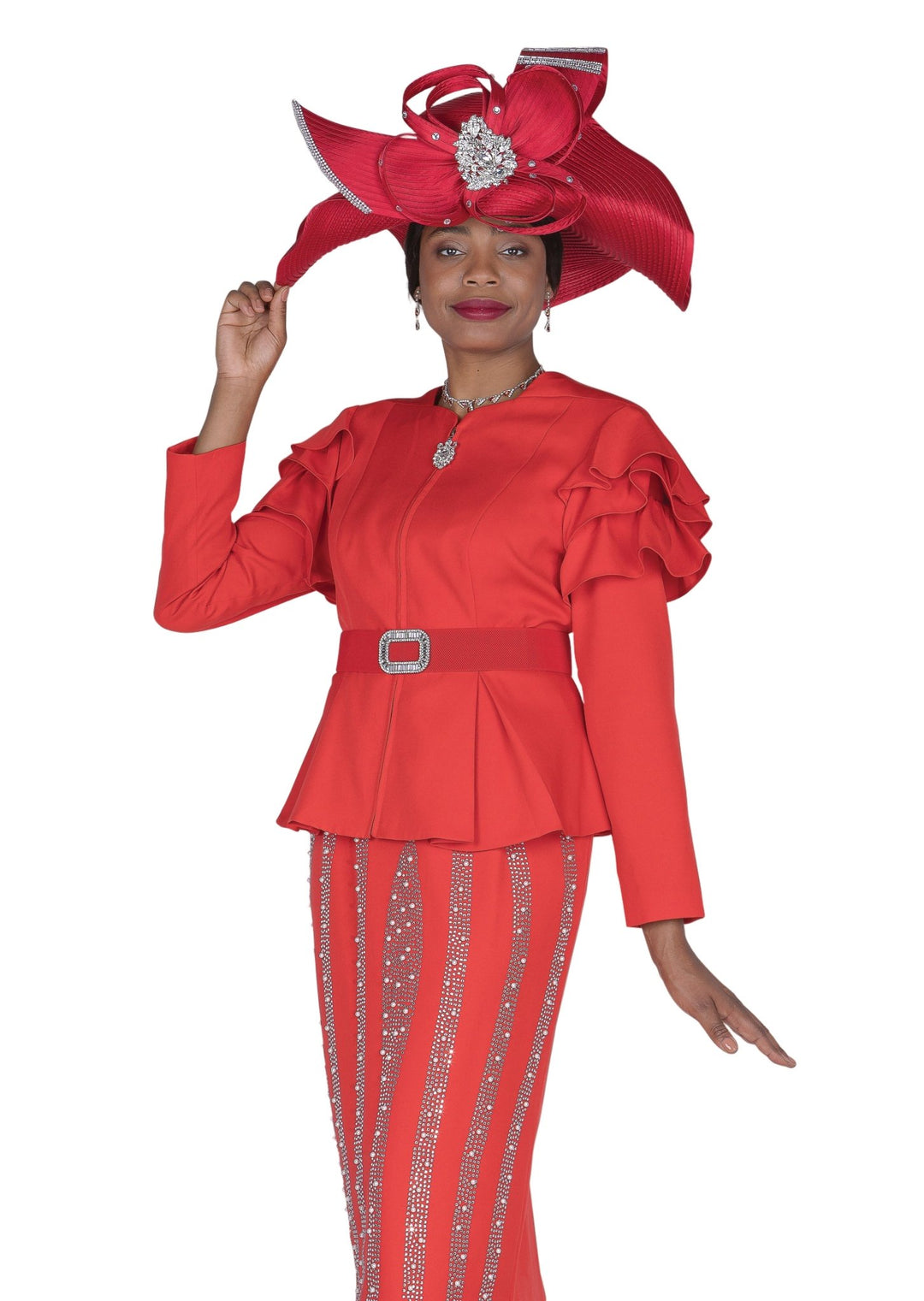 Elegant Red Beaded Skirt Suit with Peplum Jacket and Rhinestone Belt - Especially Yours