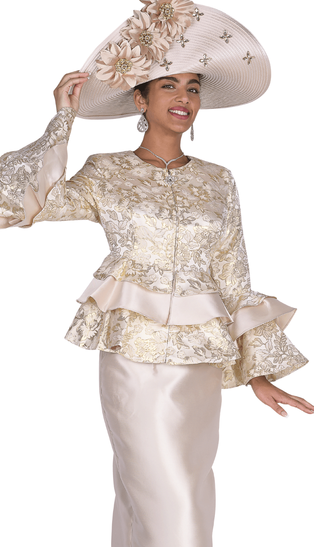 Elegant Satin Twill Skirt Suit with Brocade Peplum Jacket Tiered Ruffle Sleeves - Especially Yours