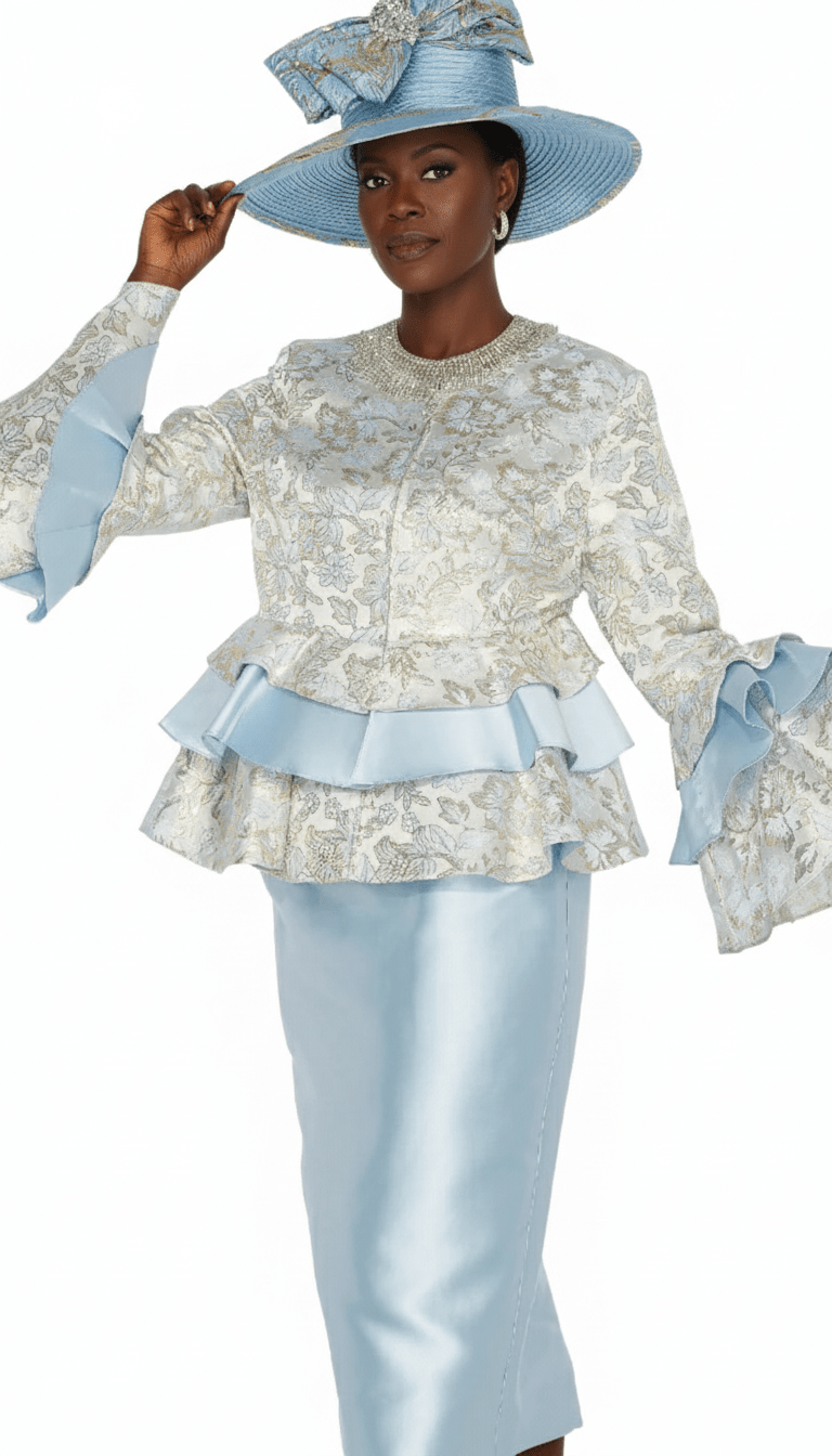 Aussie Austine 5922 - BL Satin Twill Skirt Suit with Tiered Ruffle Sleeves - Especially Yours