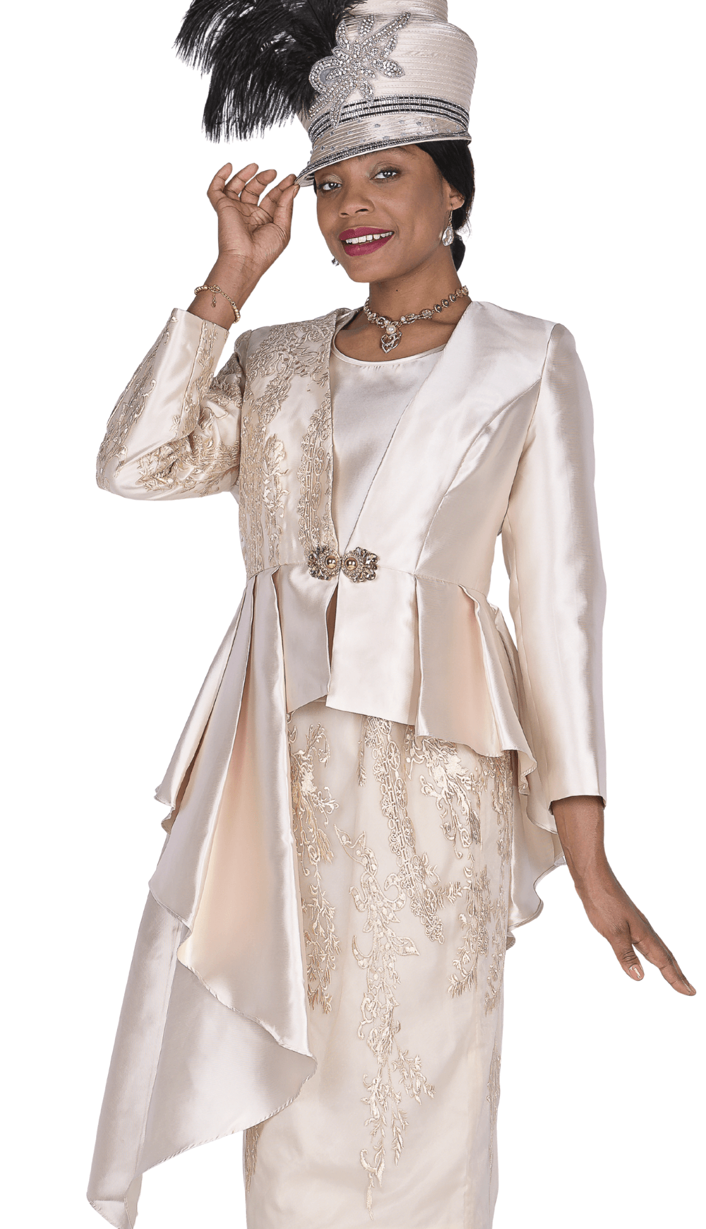 Elegant Champagne Italy 5930 Cream Satin Twill Skirt Suit with Brocade Accents - Especially Yours