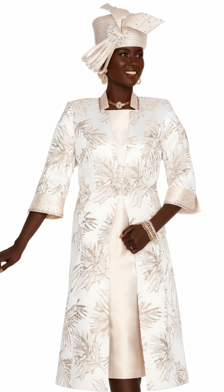 Elegant Champagne Italy 5933 Gold Metallic Leaf Duster & Shift Dress Set - Especially Yours