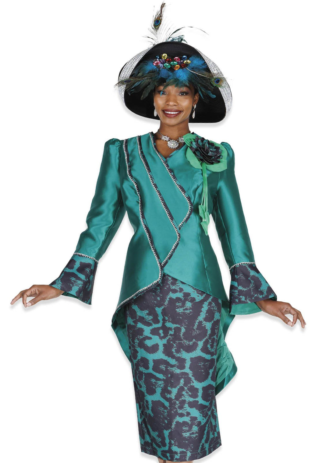 Elite Champagne 5974 Green Satin Twill Animal Print Skirt Suit - Especially Yours
