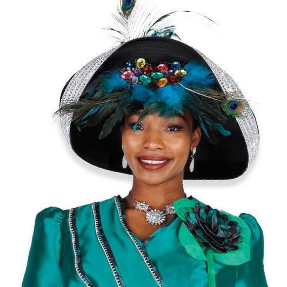 Exquisite Black Church Hat Stylish Elegant Floral Detail Champagne Italy H6112 - Especially Yours