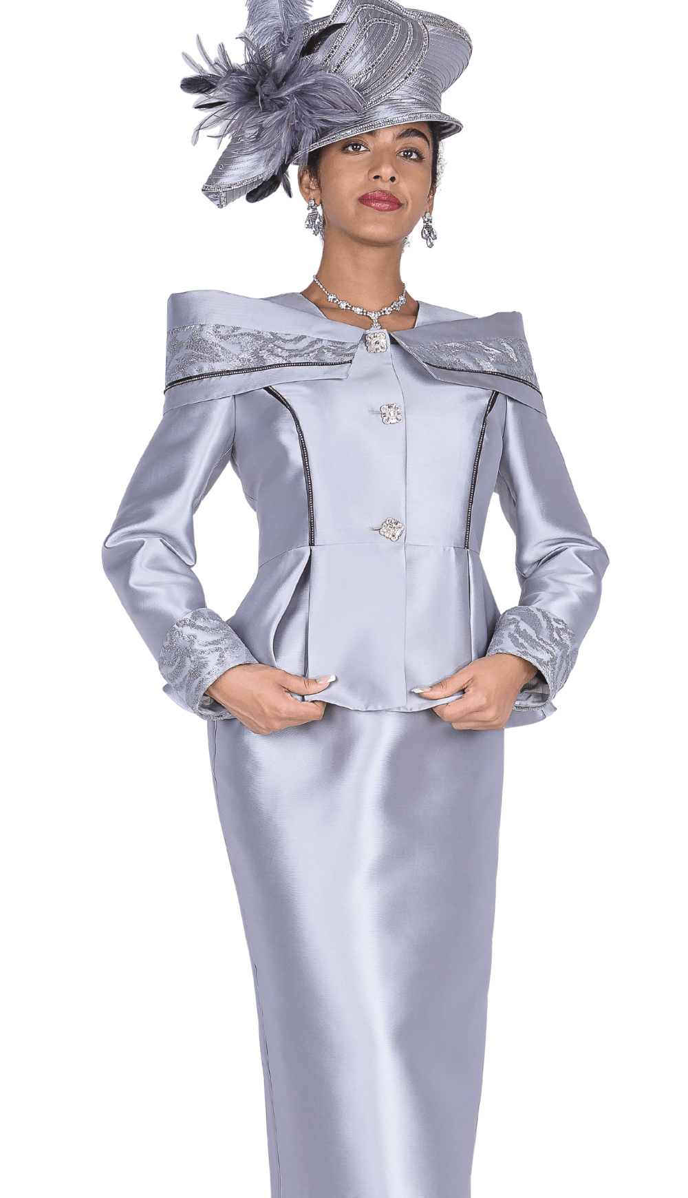 Elite Champagne Silver Satin Twill Skirt Suit: Peplum Jacket, Rhinestone Buttons - Especially Yours