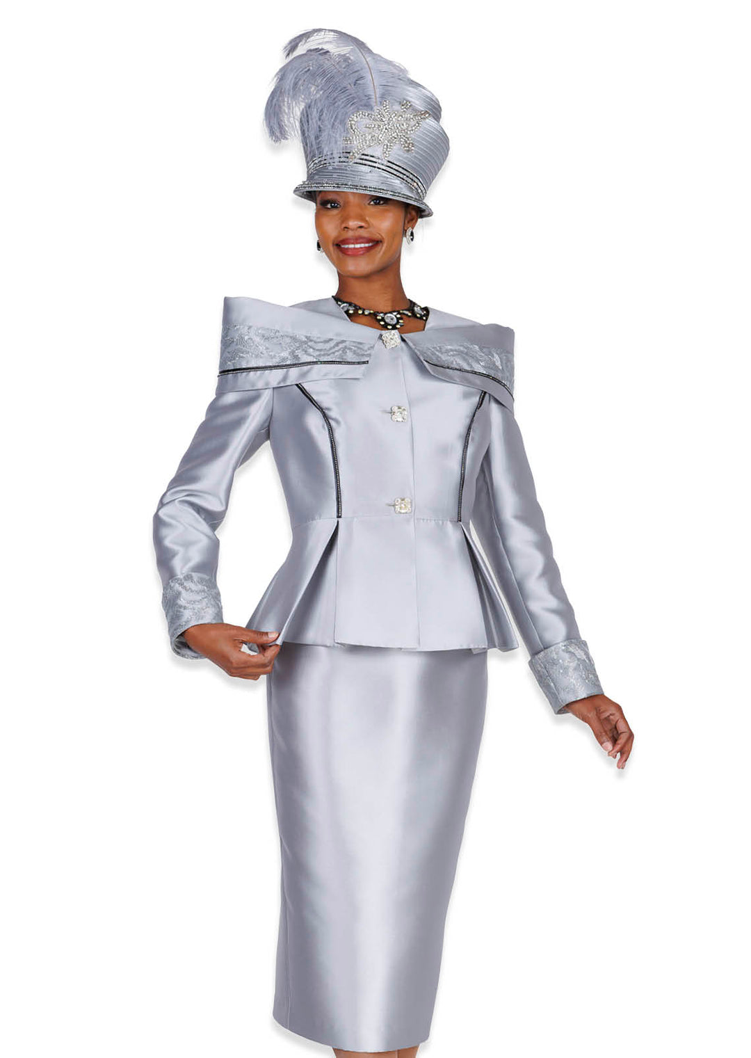 Elite Champagne Silver Satin Twill Skirt Suit: Peplum Jacket, Rhinestone Buttons - Especially Yours
