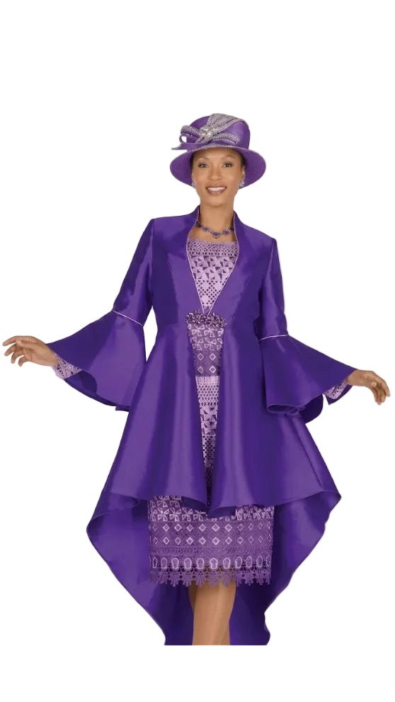 Elegant Purple Lacy Brocade Dress with High-Low Peplum Jacket Flare Sleeves - Especially Yours