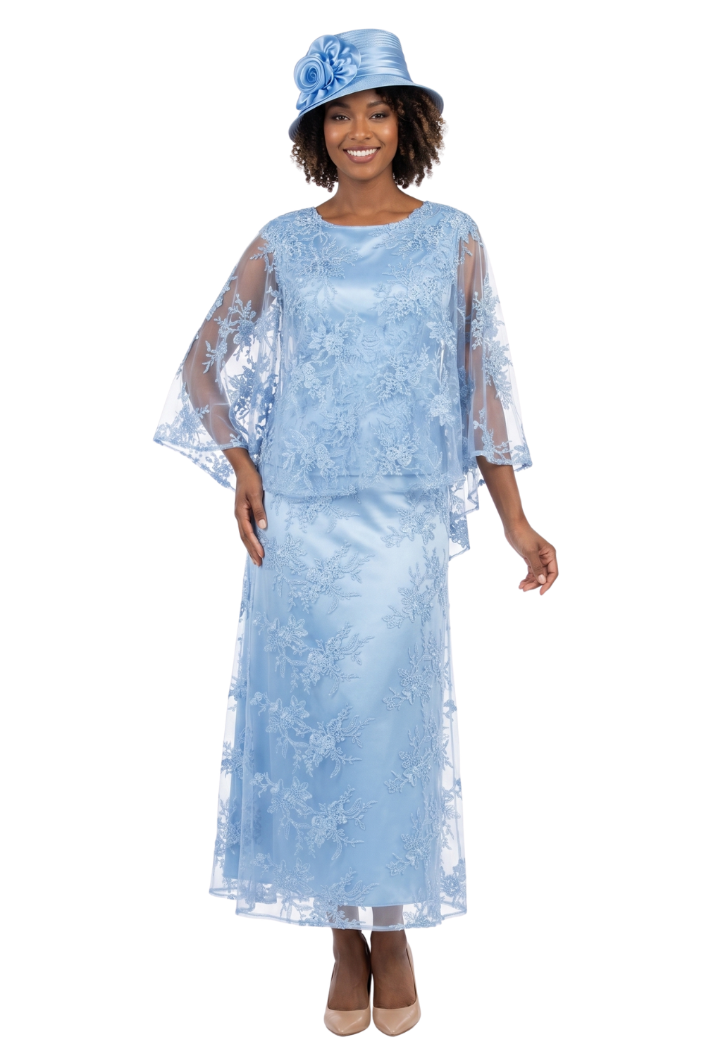 2pc Lace Dress & Hi-Lo Pull Over Lace Cape