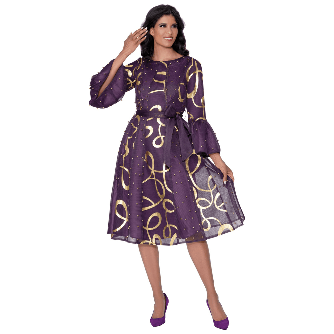 Gold Swirl Midi Dress with Mesh Overlay, Gold Beads and Sash Belt DN100541 - Especially Yours