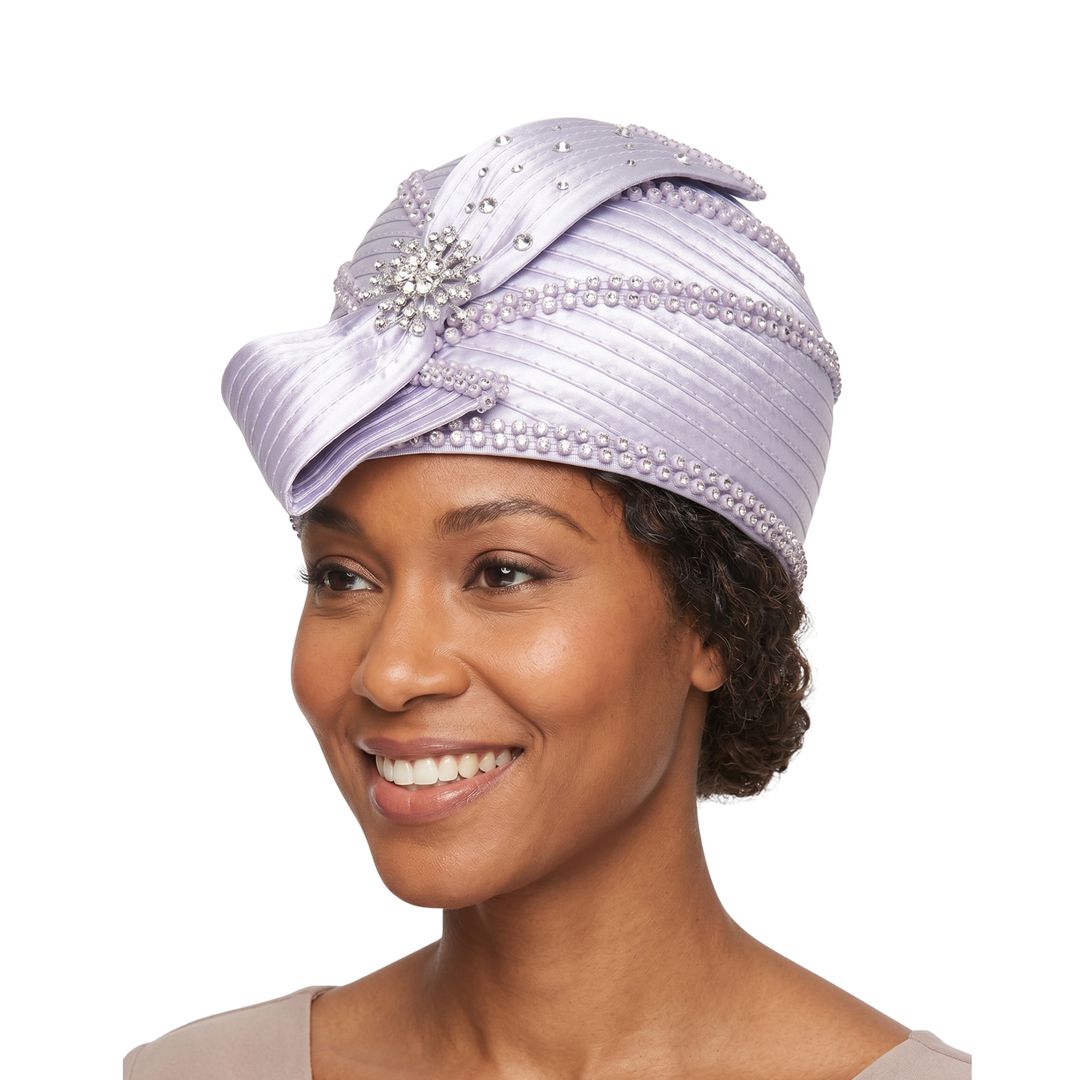 Round Ribbon Hat w/ Brooch and Rhinestoned Strip